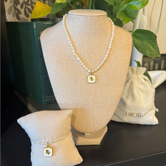 Dior White freshwater Pearl Necklace & Bracelet Set with Gold Dior Logo Pendants